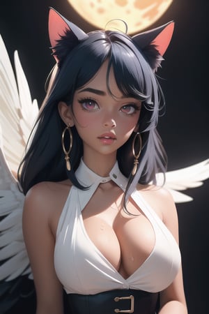 Realism, (masterpiece, best quality, ultra-detailed, highres, best illustration),perfect face, ((solo, solo focus)),sidelighting, shiny lustrous dark skin,Young girl, security service
(bloom), (shine), ray tracing,solo,solo,animal ears, solo,  red eyes , looking at viewer, Dreadlocks, blue hair, wings, lips,cat ears,depth_of_field,very detailed background, large moon, large breasts, extreme light and shadow,(detailed eyes), (beautiful) beautiful detailed eyes, perfect lighting , perfect anatomy,(extremely detailed illustrated 8k wallpaper),(masterpiece), (best quality), (ultra-detailed), (best illustration),(best shadow) , vivid colors, open blouse,  hard nipples, absolute_cleavage, moist, full_body