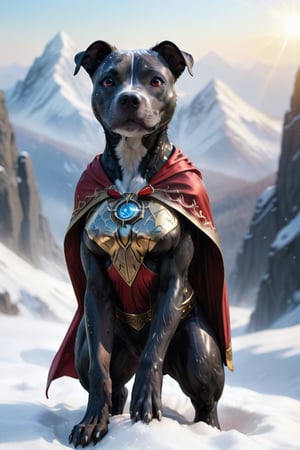Cute black medium shaped pit bull female  terrier mix, with black hair small head, and black body, white streak of hair from under her head to the abdomen, big cute perfect brown eye, detailed background with a beautifully decorated mountain background, she is wearing a super female mecha  costume with swirling gold trimmed red  cape, bright sunshine, standing on top of snow capped mountain. Snow flakes falling. ,Energy light particle mecha