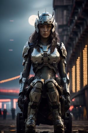 Solo woman, intricate detailed armored helmet, half face helmet, angry face female, Battle ready
 wheelchair, all-terrain large wheels, jet propelled,  armored large breasts plate, futuristic, cowboy_shot, technologic, panel, half face mask, combat technology, tech filigrane, gold, aluminium, purple metalized, studio photography,  8k,super_detailed, ultra_high_resolution, Best quality, masterpiece,  dynamic lighting, depth of field, deep shadow, RAW photo, best quality, Full moon, vamptech, full landscape, full moon, lightning in background, full body