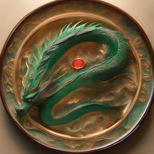 Amber-toned light softly illuminates an exquisite art piece within the walls of a sophisticated art gallery. A decorative plate with an emerald green ruby red border,  frames the harmonious union of yin and yang symbols, as flying dragons in mid-air encircle the circular representation. The beauty lies in the intricate balance between nature's serenity and human life's complexity, as if the interdependent opposites are perpetually flowing into one another.,dragon