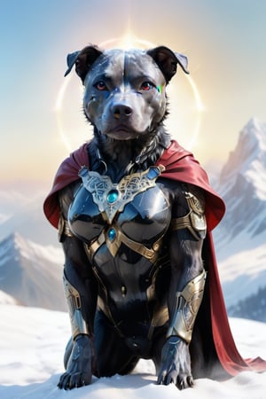 Cute black medium shaped pit bull female  terrier mix, with black hair small head, and black body, white streak of hair from under her head to the abdomen, big cute perfect brown eye, detailed background with a beautifully decorated mountain background, she is wearing a super female mecha  costume with swirling gold trimmed red  cape, bright sunshine, with a bright halo  standing on top of snow capped mountain. Snow flakes falling. ,Energy light particle mecha