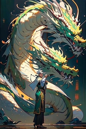 Black man foreground standing in a emerald green Chinese Martial Arts uniform, trimmed on gold and silver. Chinese dragon made entirely of platinum, shimmering and glowing, intricate platinum texture, majestic and elegant, radiant silver hues, sparkling with light, (masterpiece: 2), best quality, ultra highres, original, extremely detailed, perfect lighting, fantasy theme, regal aura,long