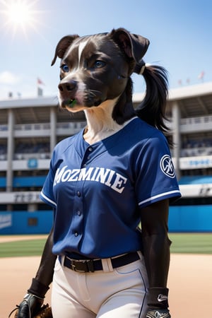 Cute black small pit bull female  terrier mix, with black hair small head, and black body, white streak of hair from under her head to the abdomen, big cute perfect blue eyes, wearing a Baseball uniform shirt, detailed background with a beautifully decorated background, baseball stadium, bright sunshine, baseballs, baseball gloves and baseball bats spread ar the entire body of the dog,marine_stadium