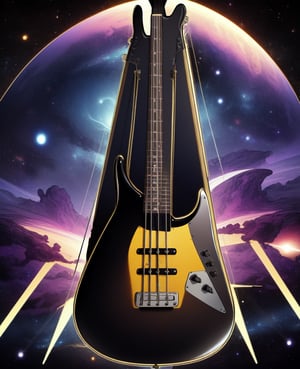 A image of the known universe,  galaxies, black holes generated with cosmic explosions, in the surrounding stars is a large celestial beings' outline of a long neck bass guitar.  Guitarist,  very large player, playing to the Universe. 