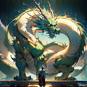 Black man foreground standing in a emerald green Chinese Martial Arts uniform, trimmed on gold and silver.  Chinese dragon made entirely of platinum, shimmering and glowing, intricate platinum texture, majestic and elegant, radiant silver hues, sparkling with light, (masterpiece: 2), best quality, ultra highres, original, extremely detailed, perfect lighting, fantasy theme, regal aura,long