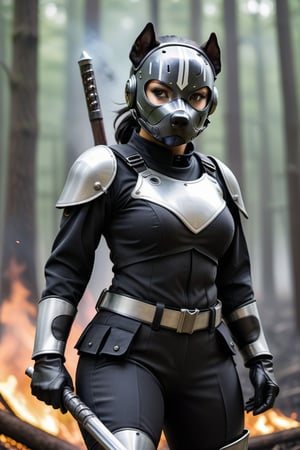 Cute black small pit bull female  terrier mix, with black hair small head, and black body, white streak of hair from under her head to the abdomen, half side of face metallic mask, big cute perfect brown eyes, wearing mechanical uniform white trim, holding light glowing sabers, standing in combat ready heroic pose, forest burning in the background.