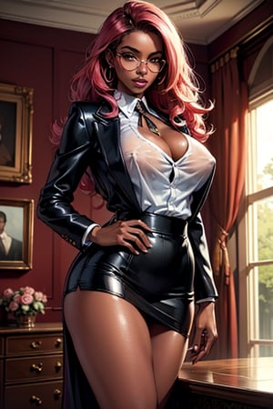 Beautiful (masterpiece, highres quality:1.4), (beautiful detailed sexy ebony African black dark-skinned businesswoman 1.5), beautiful face, beautiful nose, beautiful eyes, beautiful mouth, thin pink open see_through shirt, thin black tie around neck, wide open business white jacket, beautiful large_breasts, hard nipples, jacket open around breasts,  jacket pushed up to back, breasts side nipple shot, long_fire colored straight wet look curly hair, fashionable rose colored glasses, very glossy shiny_skin, open shirt, detailed_background office, full_body leaning on desk with hands down, mouth open, facing away from viewer, very very short tight skirt, moist tight big ass showing crack, moist, shiny, photorealistic, sweaty, led lights on ceiling, full-body_portrait, long stemmed tulips in vases on table background, oval office