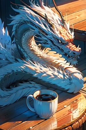 White glazed black coffee mug with a beautifully detailed dragon design, sitting on a dark round mahogany table. Photorealistic photo ,white dragon