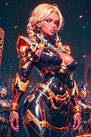 High Detailed beautiful mecha warrior dark_skinned_female glossy skin African mecha warrior with short braided hair, perfect beautiful shiny huge_breasts, sweaty, glossy, beautiful cleavage, mecha uniform looking at viewer, perfect hard_nipples, perfect eyes, perfect mouth, perfect hands, Photographic realism, dark street detailed battleground background, Streaming neon lights, led lights, multiple female detailed beautiful facial features, model soldiers in mecha armor 
 on a elevated building roof crowded, standing in dark background with  a giant Gundam in background, nighttime scene ,YAMATO