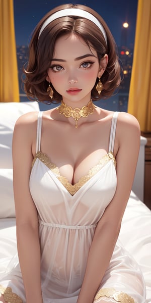 (Masterpiece, Best Quality, african american female, Photorealistic, High Resolution, Looking At Viewer, Upper Body, Light, 1 Girl, Solo, Beautiful Young Girl, 20 Years Old, Short curly Hair, (Brown Hair),  cleavage, hair ornament,  choker, dress, hairband, gold lace trimmed dress, white choker, red hairband, gold lace trim, white dress, earrings, jewelry, see-through dress, nightgown, sitting in the bedroom 