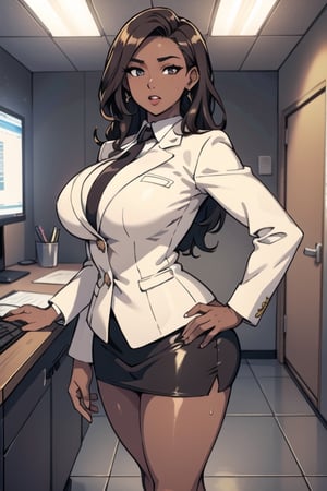 Beautiful (masterpiece, highres quality:1.4), (sexy ebony African  brown-skinned businesswoman 1.5),  beautiful eyes, beautiful face,  beautiful nose, shirtless, thin gold tie around neck, wide open business white jacket, beautiful large_breasts, beautiful hard nipples, jacket open away from perfect large_breasts, long dead lock wet curly hair, very glossy shiny brown_skin,  detailed_background office, full_body leaning on desk with hands down, mouth open, facing away at viewer, very short tight skirt,  moist tight big ass showing crack, moist, shiny, photorealistic, sweaty, led lights on ceiling, full-body_portrait