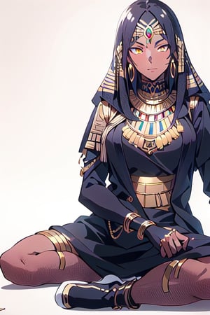 Egyptian goddess of Cats, beautiful detailed face, gold cat crown, holding gold jeweled scepter, full-body-shot, heroic pose, long shiny hair, dark_skinned_female, sitting on gold satin pillows, ancient_egyptian pyramid in background 