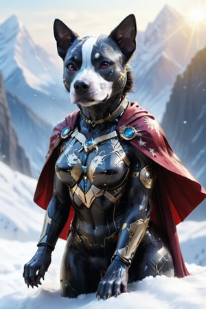Cute black medium shaped pit bull female  terrier mix, with black hair small head, and black body, white streak of hair from under her head to the abdomen, big cute perfect brown eye, detailed background with a beautifully decorated mountain background, she is wearing a super female mecha  costume with swirling gold trimmed red  cape, bright sunshine, standing on top of snow capped mountain. Snow flakes falling. ,Energy light particle mecha