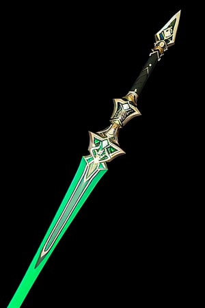 (masterpiece, top quality, best quality, official art, beautiful and aesthetic:1.2),(8k, best quality, masterpiece:1.2),CGgame weapon icon hsw, weapon, no humans, large sword,  large blade, long green dragon detailed handle, still life, lightning strikes in background, glowing weapon, fantasy, glowing sword, gradient, glowing,  night chromatic_background, gradient background, light particles, hazy fog, genshin weapon