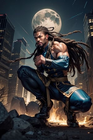 Portrait, African American man 30 plus, men, yearr old men, very long_hair,  thick dreadlock hair head, standing hero pose standing tall, all fists clinched,  perfect hands clinched in fists with long dreadlocks hair style, slim build, muscular, dark brown_skin, comic book character, different color kung fu uniforms, trimmed in gold, black and blue shiny preying mantis kung-fu jacket, white frog buttons front of jacket and sleeves, thick neck muscles, perfect muscular arms showing circular motion, perfect hands forward, perfect wrists both hands, pointer fingers, fists both hands clinched and around head, muscular legs, bent knee karate stance,  right leg bending forward,  ankle bending, foot on toe, lightweight shoes, perfect eyes, perfect thick nose, perfect mouth, perfect muscular arms, electrical discharges around body, perfect relaxed look, electrical discharges through eyes, nighttime scene, explosions, destroyed buildings,  half_moon background,  cloud_scape,  looking_at_camera, full_body pose 