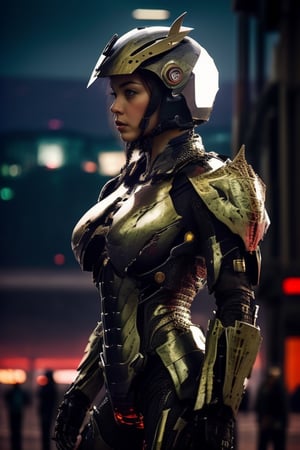 Solo woman, intricate detailed armored helmet, half face helmet, angry face female, large breasts plate, futuristic, cowboy_shot, technologic, panel, half face mask, combat technology, tech filigrane, gold, aluminium, purple metalized, studio photography,  8k,super_detailed, ultra_high_resolution, Best quality, masterpiece,  dynamic lighting, depth of field, deep shadow, RAW photo, best quality, Full moon, vamptech, full landscape, full moon, lightning in background, full body