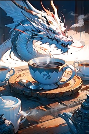 White glazed black coffee mug with a beautifully detailed dragon design, sitting on a dark round mahogany table. Centered dragon holding a cup of steaming hot coffee, Photorealistic photo, white dragon facing viewer 