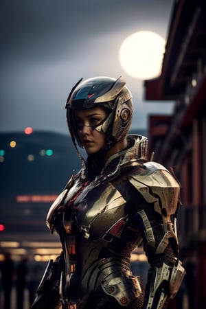 Solo woman, intricate detailed armored helmet, half face helmet, angry face female, large breasts plate, futuristic, cowboy_shot, technologic, panel, half face mask, combat technology, tech filigrane, gold, aluminium, purple metalized, studio photography,  8k,super_detailed, ultra_high_resolution, Best quality, masterpiece,  dynamic lighting, depth of field, deep shadow, RAW photo, best quality, Full moon, vamptech, full landscape, full moon, lightning in background
