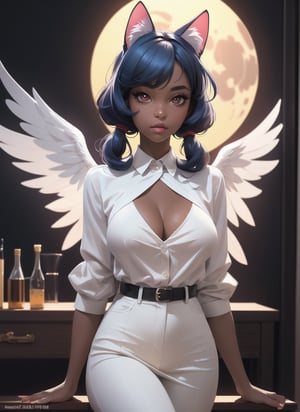 Realism, (masterpiece, best quality, ultra-detailed, highres, best illustration),perfect face, ((solo, solo focus)),sidelighting, shiny lustrous dark skin,Young girl, security service
(bloom), (shine), ray tracing,solo,solo,animal ears, solo,  red eyes , looking at viewer, blue hair, wings, lips,cat ears,depth_of_field,very detailed background, large moon, large breasts, extreme light and shadow,(detailed eyes), (beautiful) beautiful detailed eyes, perfect lighting , perfect anatomy,(extremely detailed illustrated 8k wallpaper),(masterpiece), (best quality), (ultra-detailed), (best illustration),(best shadow) , vivid colors, open blouse, hard nipples, absolute_cleavage