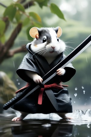 Detailed realistic features of a Black and white Ninja Hamster wearing traditional shinobi garments, holding Japanese sword, detailed dragon hilt. Hamster with sword holding to attack, ninjas blended with the trees and vines in the surrounding area, blurry, dreary  background, raining heavily, hero stance, standing in water 