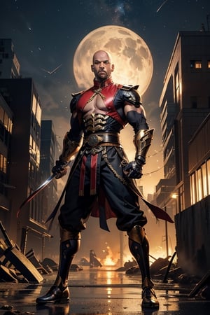 Portrait, perfect eyes, perfect mouth, African American man 30 plus man, brown_skin, bald head, standing hero crane stance, one leg bent, one leg straight, with mecha detailed mechanical leg and foot standing tall,  perfect hands clinching metal battle staff, medium body build muscular, long braided hair, dark brown_skin, different color kung fu uniforms, trimmed in gold, black and red shiny preying mantis kung-fu jacket, white frog buttons front of jacket and sleeves, thick neck muscles, perfect arms showing definition perfect hands, perfect wrists both hands, fists both hands clinched holding two large swords,  muscular legs, right leg straight,  left leg straight, lightweight shoes, perfect eyes, perfect thick nose, perfect mouth, perfect muscular arms, electrical discharges around body, perfect relaxed look, electrical discharges through eyes, nighttime scene, explosions, destroyed buildings,  half_moon background,  cloud_scape,  looking_away from_viewer, full_body portrait 
