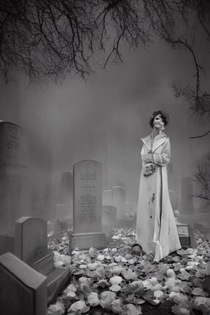 Painting, Vintage, Fine Details, Horror, One model, cinematic lighting, 1_woman, cemetery, full body, black and white