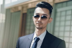 Mature man wearing a suit with sunglasses, kvn face