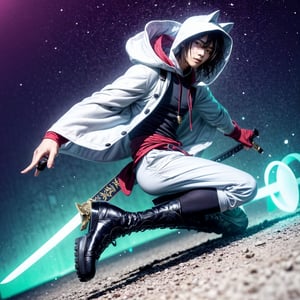 1 male, fullbody, white furry hoodies, sword, green aura around the body, white slick back hair, wearing red gloves, white boots, samurai pose.