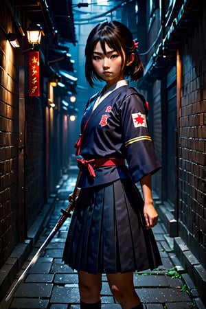 Pretty Japanese female in school uniform with katana in a dark alley, cinematic, 3d render, unreal engine, 32k