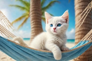 a small white kitten on a blue hammock and a palm tree at an abstract ethereal semi - transparent sunny beach among rainbow light impressive skies