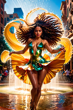 artistic photography of a beautiful bachata dancer in crazy moving in the gigantic city fountain, tight silky bachata outfit, wild wet hair, hourglass figure body, luminism, bar lighting, maximalist, by John William Waterhouse, polished and blink
