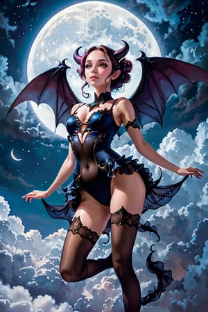 ((best quality)), ((masterpiece)), (detailed), succubus, ethereal beauty, perched on a cloud, (fantasy illustration:1.3), enchanting gaze, leotard, pantyhose, stockings, bodysuit, captivating pose, delicate wings, otherworldly charm, mystical sky, large moon, moonlit night, soft colors, (detailed cloudscape:1.3), (high-resolution:1.2), from below, (rating_explicit), (score_9, score_8_up, score_7_up, score_6_up, score_5_up, score_4_up, high res, 4k)
