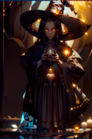 Best picture quality, n3n3k, looking at viewer, hat, witch hat, witch, black headwear, jewelry, necklace,rim light,,mysterious forest, anthropomorphic tree spirit, holding a beautiful glowing pumpkin, following a floating, cute little ghost, full of details,n3n3k,hat,witch hat,witch