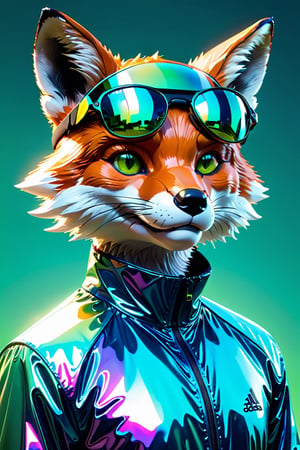 3D cartoon Fox Head with Human Body, Wearing Iridescent Holographic Liquid Texture & Translucent Material Sun Protective Shirt, Boss Feel, Nike or Addidas Sun Protective Shirt, WitchPunk, Y2K Style, Green and blue, Blue, Metallic Feel, Strong Reflection, plain background, no background, pure single color background, Digital Fashion, Surreal Futurism, Supreme Kong NFT Artwork Style, disney style, headshot photography for portrait studio shoot, fashion editorial aesthetic, high resolution in the style of HAPE PRIME NFT, NFT 3D IP Feel, Bored Ape Yacht Club NFT project Feel, high detail, fine luster, 3D render, oc render, best quality, 8K, bright, front lighting, Face Shot, fine luster, ultra detailed