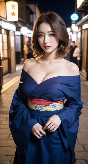 (Best quality, 8k, 32k, Masterpiece, UHD:1.2),Photo of Pretty Japanese woman, 1girl, (medium-short dark brown hair), double eyelid, large breasts, breast cleavage, sexy blue base kimono, off shoulder, night light, riverside street, Kyoto, strapless