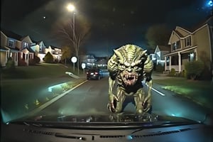 automobile dashcam view driving through a halloween night neighborhood, hunter, monster standing in the road