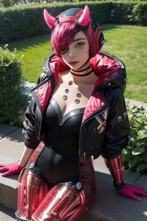 (masterpiece, best quality:1.2), , cyber punked wattson, 1girl, solo, bodysuit, jacket, breasts, eyepatch, horns, black bodysuit, black jacket, one eye covered, mechanical arms, black headwear, pink hair, mechanical legs, hood, blue eyes, hooded jacket, single mechanical arm, gloves, black gloves, medium breasts, choker, cleavage, official alternate costume, short hair, collarbone, black choker, from above, close-up, garden, outdoors, ultra realistic

