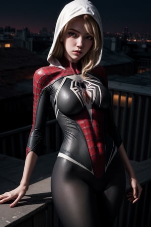 a masterpiece, 16k, high_resolution, professional photography, hyperdetailed skin wallpaper of blonde haired girl with beautiful eyes high school girl with angelical face and a medium size breast, big hip structure, body suit, ass, sexy pose, wearing spider gwen costume, wearing hood, looking at the viewer, erotic pose, seductive, seduc (sfw),detailed background, rooftop at night, new york, cinematic light}, spidergwen