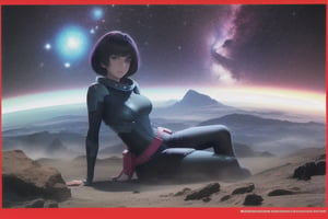 ((masterpiece,best quality)), a space bounty hunter girl on the surface of an alien planet sci-fi, a planet in the background 70s style