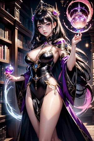  Hitomi Tanaka as a dark sorceress, she wears a dark lace gown in deep colours that accentuates her beauty and alluring charm that reveal her sleek lithe legs and high heeled shoes that give her a srong aura. She stands in a wizards spell library casting a spell
