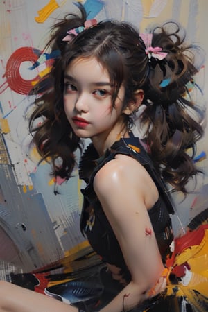 (midlength portrait), (masterpiece), (digital art), (hyper-detailed, anime, K-pop girl, magazine cover, model, beautiful girl, cute pigtails hairstyle, studio light, (2D), cartoon, imaginative, dynamic pose, modern fashion, jean shorts, cute face, oil painting style,oilpainting,BJ_Oil_painting