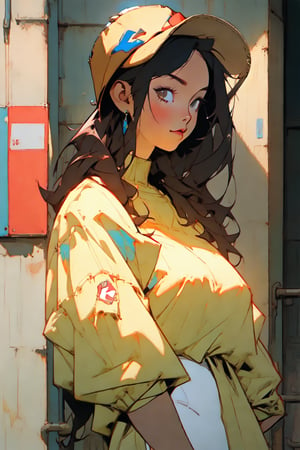 masterpiece, best quality, hyper-realistic, oil painting style, full-length, 8k quality, Anime Girl with baggy jersey street-style Clothes ,hip-hop style clothes, bucket hat