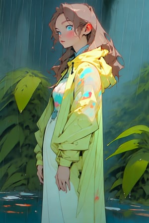 masterpiece, best quality, hyper-realistic, oil painting style, full-length, 8k quality, Anime Girl standing in the rain, wearing a blue transparent raincoat, beautiful eyes, looking up, hoodie on