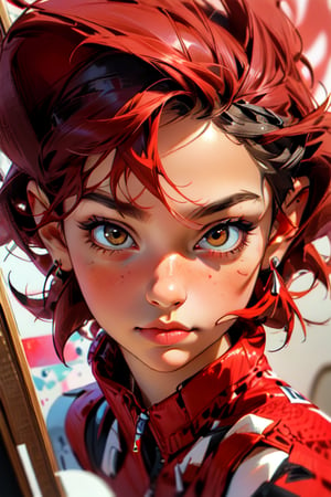 (masterpiece), (full body portrait), watercolor painting style, soft art style, small face, skinny, realistic,hyper-detailed face, a beautiful 20-year-old woman, looking at you, cute short bob hairstyle, red hair, red pandas wallpaper background, wearing a sexy red lace dress