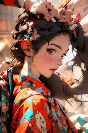 (midlength portrait), (masterpiece), (digital art), (hyper-detailed, anime, K-pop girl, magazine cover, model, beautiful girl, cute pigtails hairstyle, studio light, (2D), cartoon, imaginative, dynamic pose, modern fashion, jean shorts, cute face, oil painting style