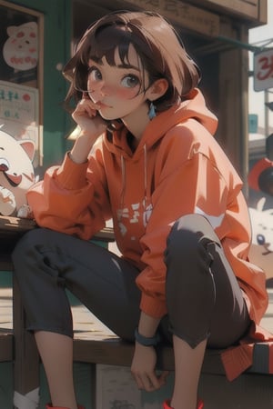 full-length, masterpiece, hyper-detailed, close portrait, 2D, realistic, beautiful girl, sitting down eating a dumpling, wearing a big red hoodie, dark hair, pale skin, charming girl