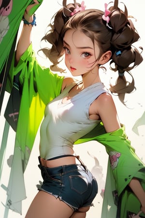 (midlength portrait), (masterpiece), (digital art), (hyper-detailed, anime, K-pop girl, magazine cover, model, beautiful girl, cute pigtails hairstyle, studio light, (2D), cartoon, imaginative, dynamic pose, modern fashion, jean shorts, cute face, oil painting style,Fechin