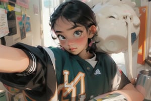  masterpiece, hyper-detailed, 4k, high-quality, 2D, realistic, artistic,1 girl, looking at you, very cute girl. taking a selfie, big eyes, black eyes, black eye pupils, black eye contacts, round face, chubby cheeks, pale skin, pink blush, wearing a green jersey, dark messy hair, cute expression, kissy face