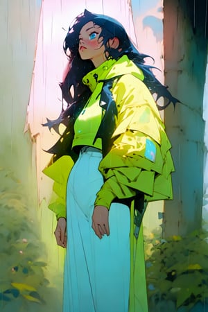 masterpiece, best quality, hyper-realistic, oil painting style, full-length, 8k quality, Anime Girl standing in the rain, wearing a blue transparent raincoat, beautiful eyes, looking up, hoodie on