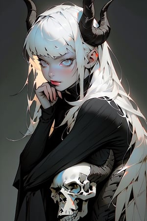 (masterpiece), (full body portrait), oil painting style, girl sitting down, hyper-detailed face, a girl with long white hair with bangs, long black horns, very pale skin, wearing a black hoodie, dark background with skulls, highly detailed, realistic,Fechin
